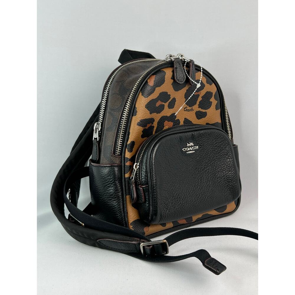 Coach Mini Court Backpack Signature Canvas Leopard Print Black Pebble Leather - Picture 9 of 12